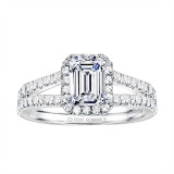 Emerald Cut Split Shank Halo Diamond Semi Mount Engagement Ring